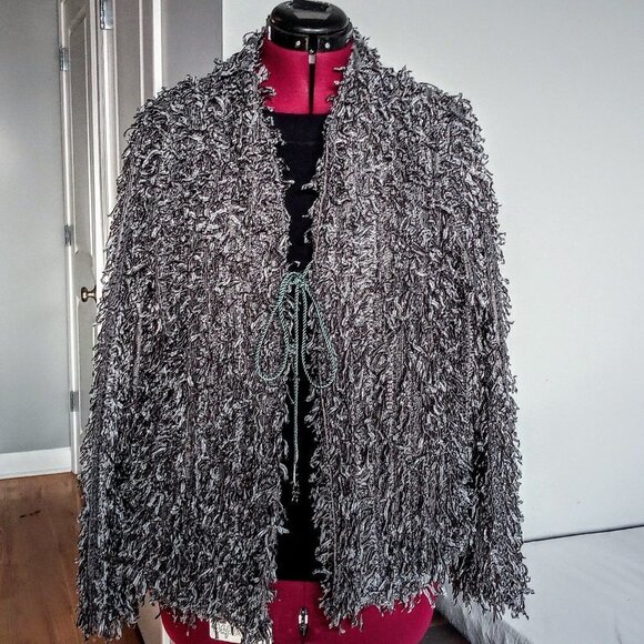 Kaktus Slate Blue Grey Ribbon Fringe Cardigan - Picture 1 of 5